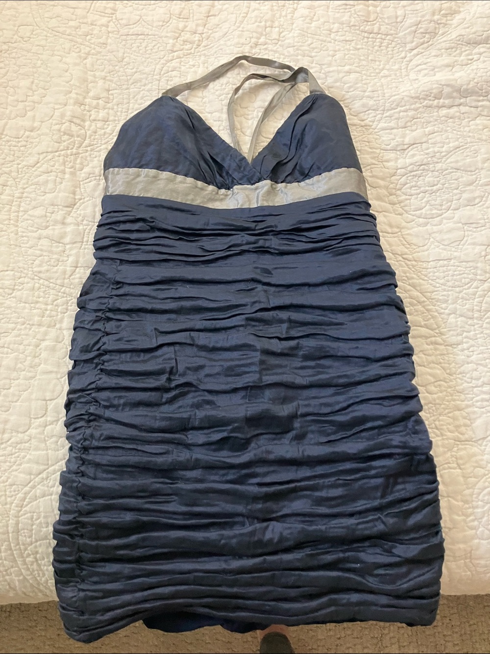 BCBGMaxAzria Navy Strapless Ruched Cocktail Dress with Silver Band (stretchy)
